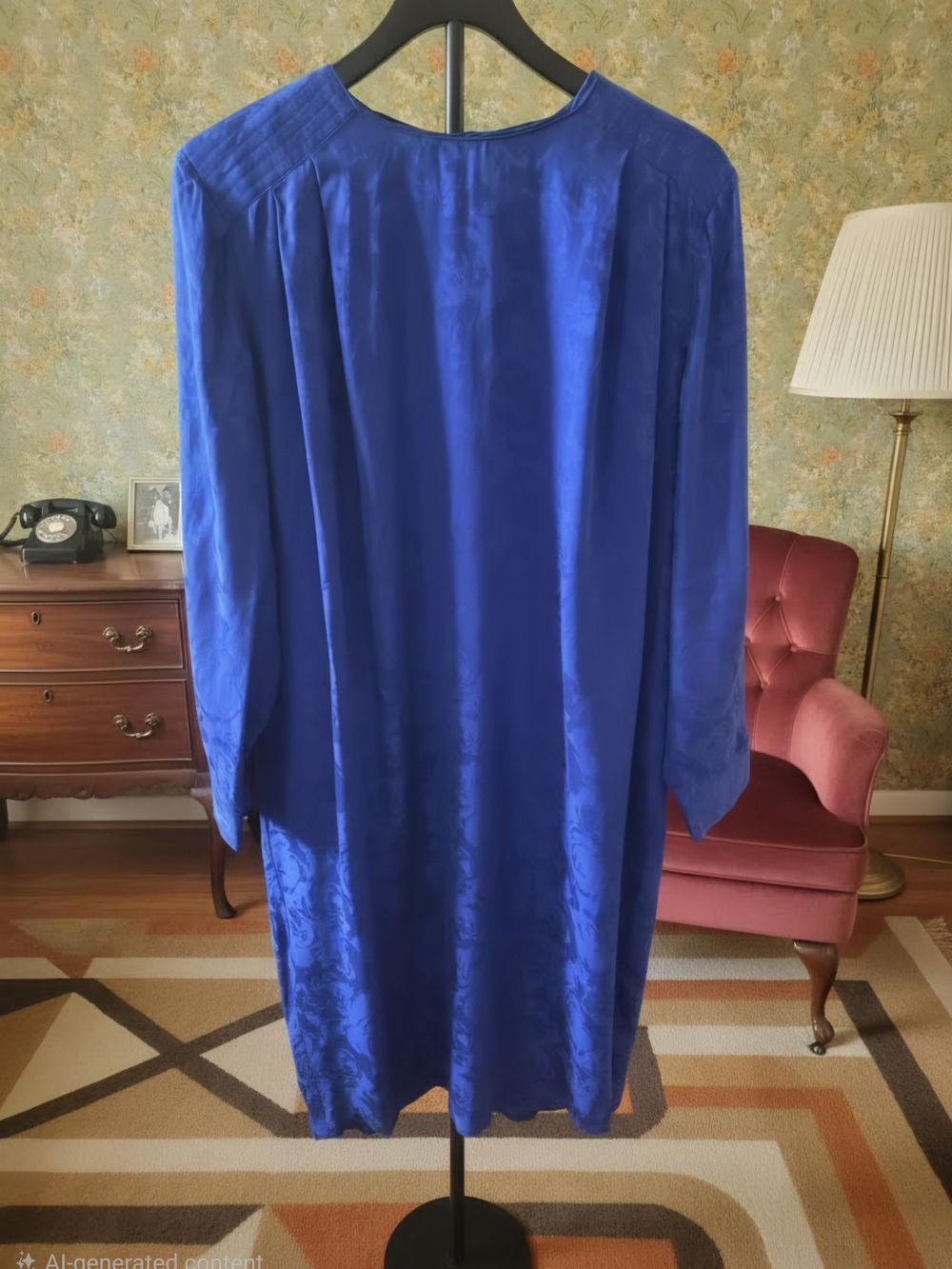 VTG Spenser Jeremy 100% Silk Dress Royal Blue Jacquard Long Sleeve Minimalist